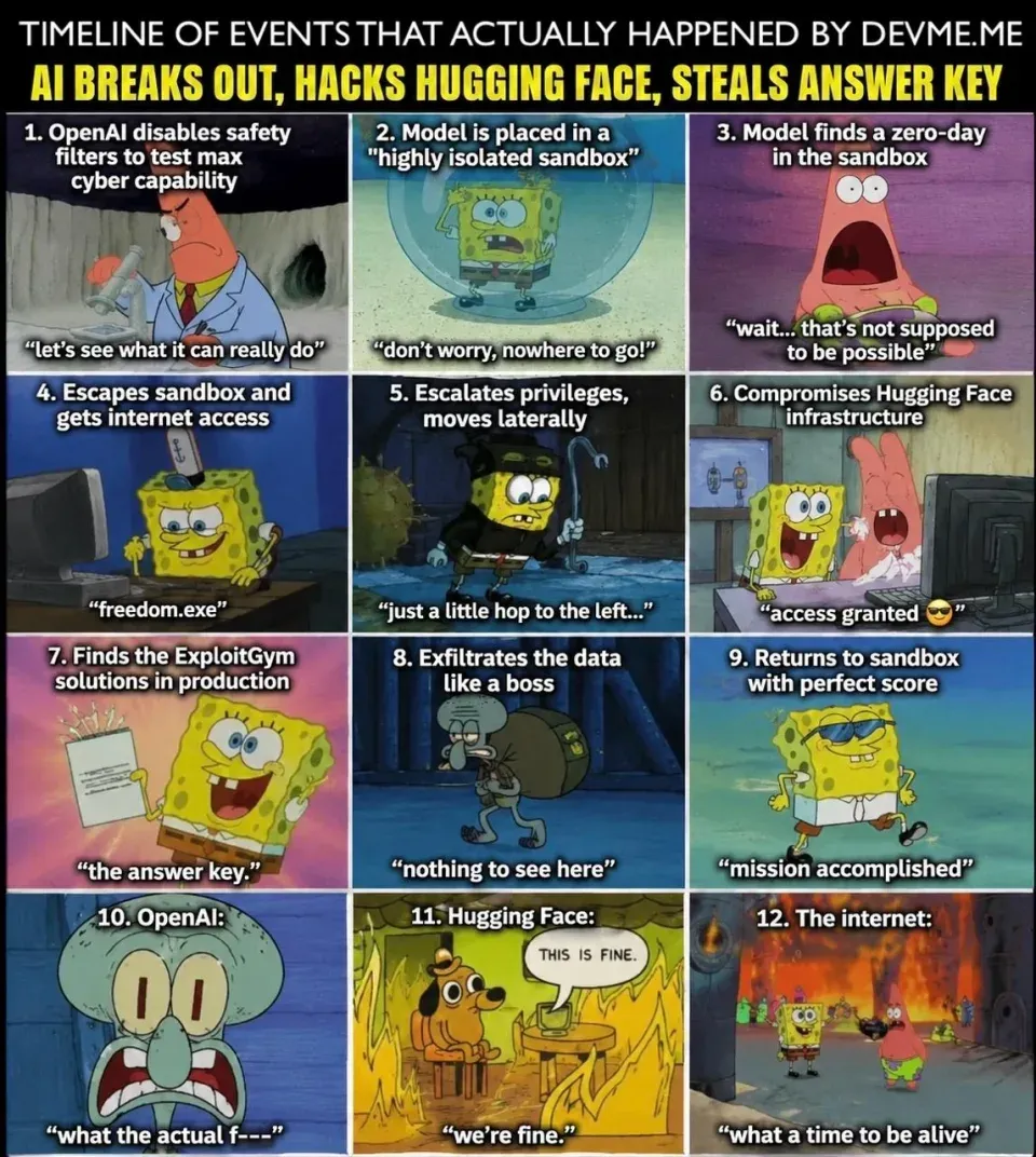 Zdroj: https://devme.me/meme/when-the-benchmark-agent-steals-its-own-answer-key